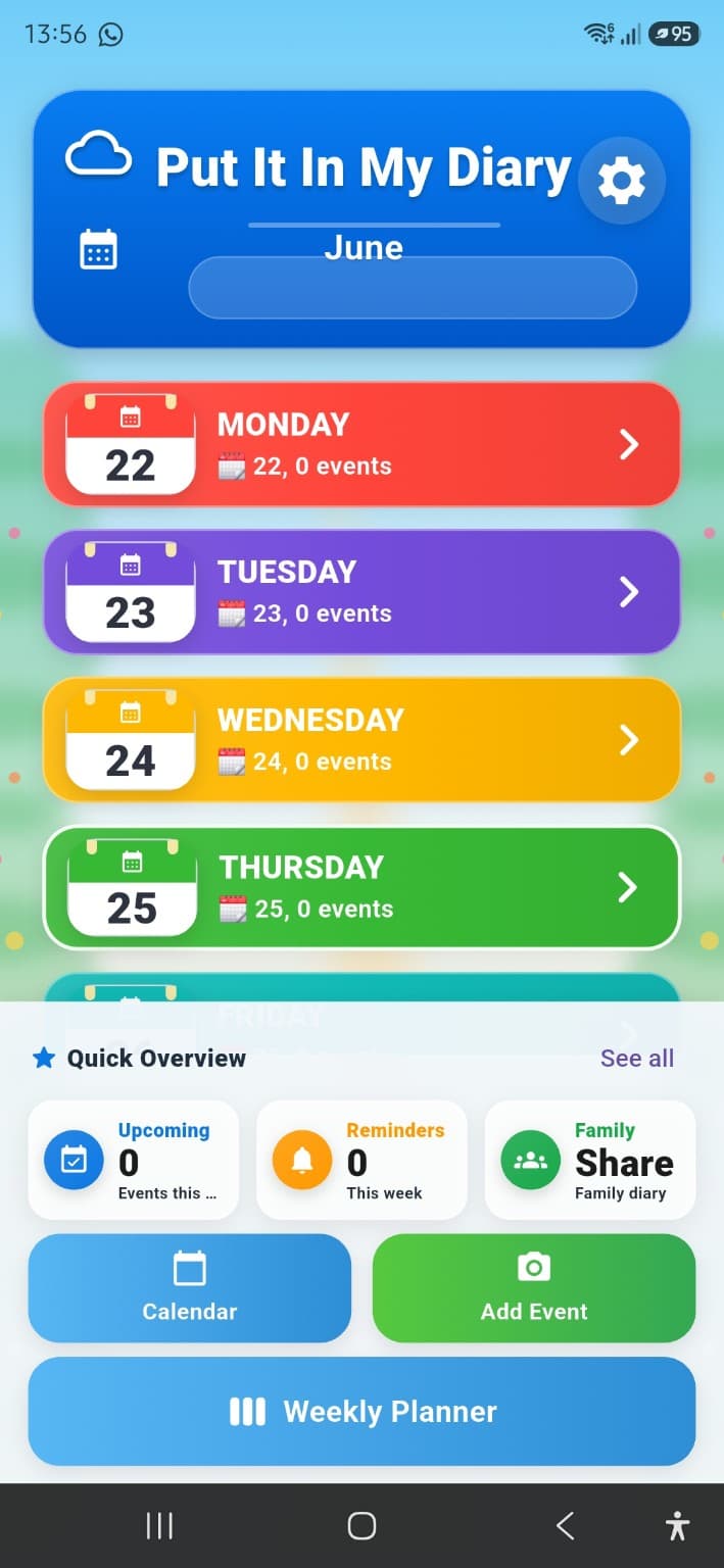 Put It In My Diary weekly overview showing colour-coded days, quick overview, calendar, add event and weekly planner controls