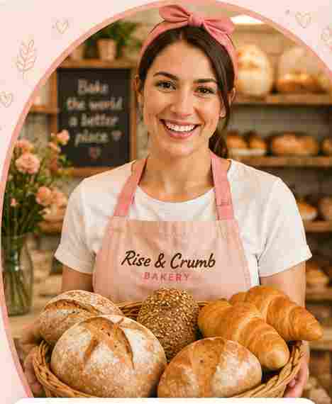 Rosie at Rise & Crumb Bakery with fresh bread and pastries